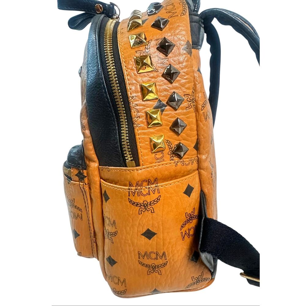 MCM Stark Studded Mini Backpack Cognac Visetos Black Leather Trim w/ COA - Picture 3 of 16